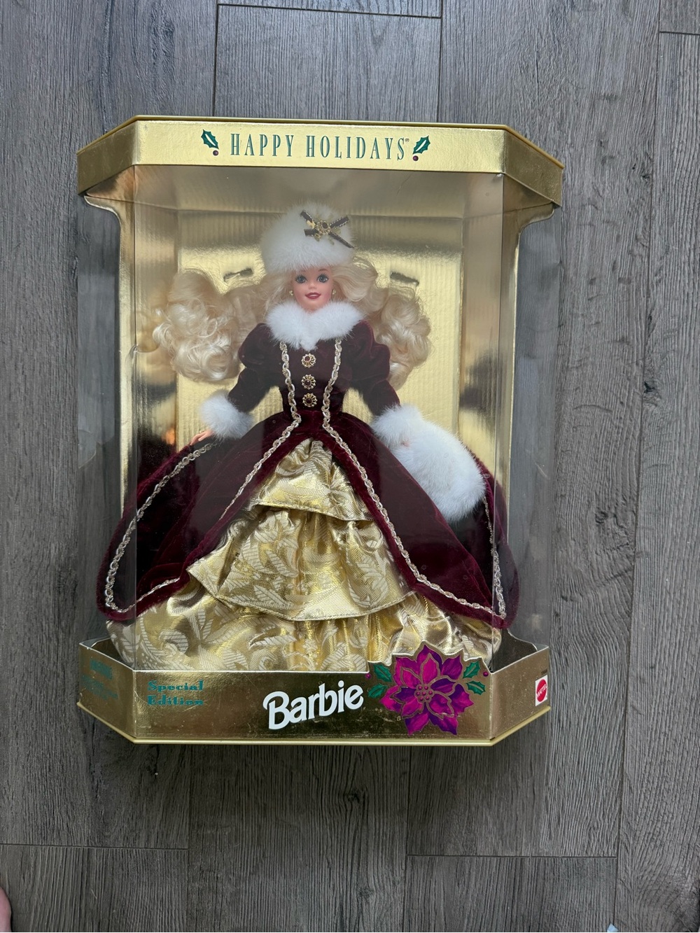 Barbie Holiday Doll in Burgundy & Gold with White Trim